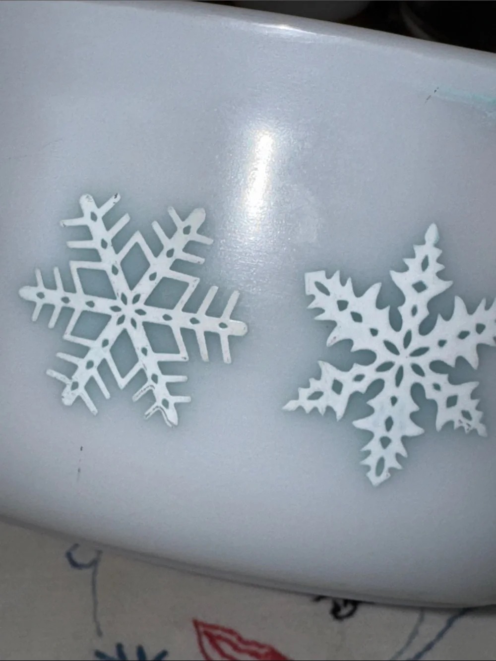 Pyrex White Casserole Dish with Light Blue Snowflake Pattern